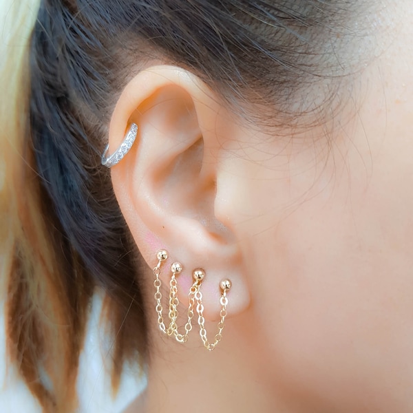 Mother Day - Double piercing earring - triple piercing - four piercing - Chain Stud Earring - triple studs - double  studs