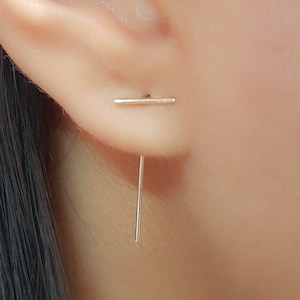 Silver Threader earrings - Bar Earrings - Ear Jacket - Front Back Earrings - Minimalist Jewelry - Double Sided Earrings