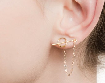 Threader Earrings- chain earrings-Edgy Earrings-minimalist earring-Circle chain stud Earring-Bar chain earrings-Edgy Jewelry-Stick Earrings