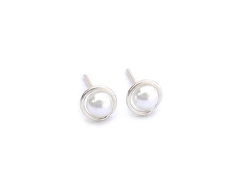 Wrapped Pearl Silver Studs Earrings - White Pearl Studs - Pearl Earrings Silver-Dainty Pearl Earrings-Pearls Classic Studs - Bridal Jewelry