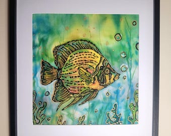 Cuadro de seda pintado a mano con peces tropicales