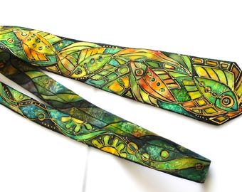 Corbata de seda pintada a mano con pez OOAK