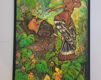 Cuadro de seda pintado a mano con pájaros tropicales en batik tamaño A3