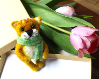 Little Ginger Cat With Scarf Pocket Friend Felted Wool Figurine