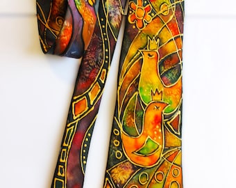 Corbata de seda pintada a mano con dos pájaros