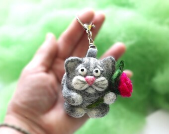 Colgante para bolso con forma de gato gris de fieltro de aguja