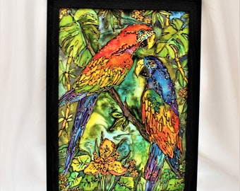 Tropische Vögel Papageien Handgemaltes Seidenbild Batik A3