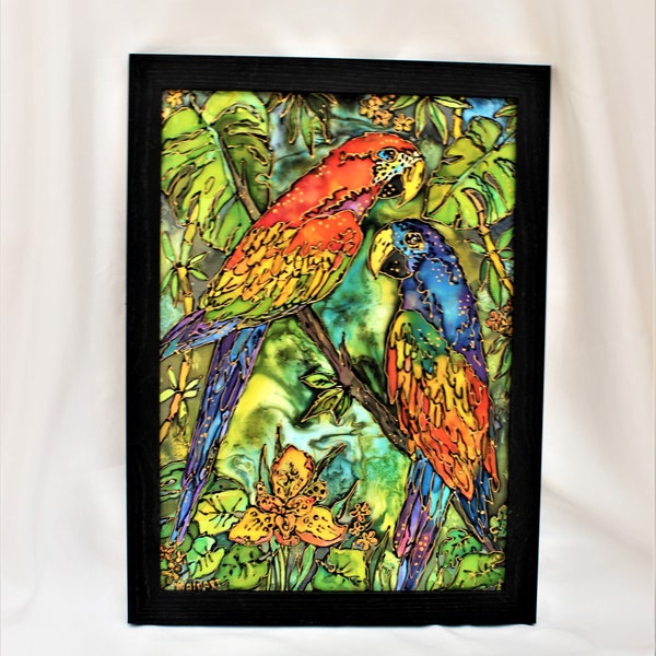 Oiseaux tropicaux perroquets tableau en soie peint à la main Batik A3