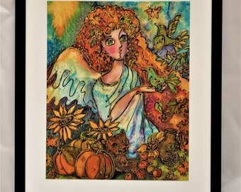 Autumn Angel Hand Painted Silk Picture Framed