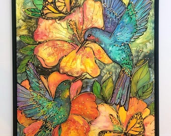 Cuadro de seda pintado a mano de colibrí A3