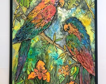 Cuadro de seda pintado a mano con pájaros tropicales y loros, tamaño A3