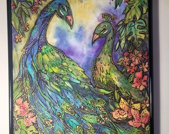 Pavos reales, aves exóticas, cuadro de seda pintado a mano, tamaño A3, enmarcado