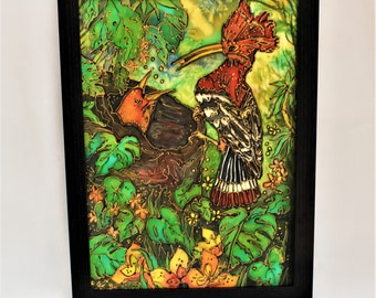 Tableau en soie A3 Batik peint à la main Oiseaux tropicaux