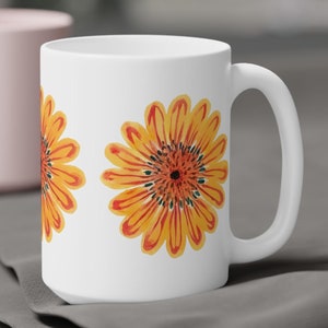 Sunny Yellow Floral Mug: 60s Style Ceramic Coffee Cup (15 oz)