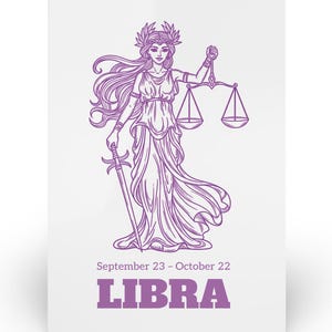 Libra Zodiac Birthday Card Featuring the Roman Goddess of Justice - Envelope Included