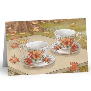 Carte de voeux toutes occasions 4 x 6 pouces - Carte vierge de style vintage avec deux belles tasses à thé florales sur une table - Enveloppe incluse