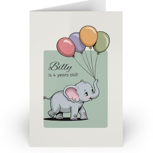Personalized Age Four Birthday Card - Featuring a Cute Baby Elephant with Four Balloons - Blank Inside to Add Your Own Message