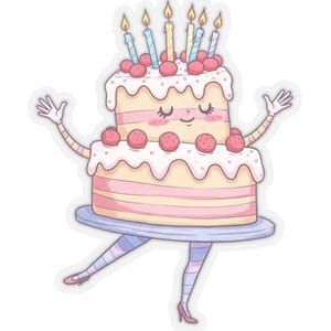 Die Cut Sticker - Whimsical Dancing Birthday Cake in Lovely Pastel Colors  - Select Size 2 to 6 Inch Width