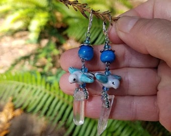 Bluebird of Happiness, bluebird dangles, crystal point, bird and crystal, mystical dangles, crystal dangle, bluebird dangle, handmade dangle