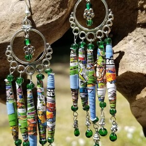chandelier earrings,  paper bead chandelier, paper bead dangles, whimsical earrings, comic book earrings, green chandeliers, green dangles
