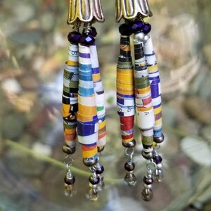 paper bead earrings, paper bead earring, up-cycled earrings, big earrings, colorful earrings, handmade gift, made with love earrings