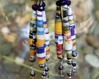 paper bead earrings, paper bead earring, up-cycled earrings, big earrings, colorful earrings, handmade gift, made with love earrings