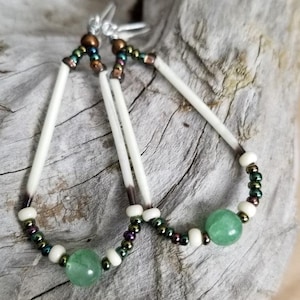Medium hoop, Aventurine, Porcupine Quill Earrings, Quill earrings, quill dangles, teardrop dangle, nature jewelry, nature earrings, native