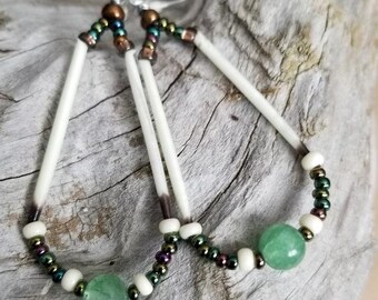 Medium hoop, Aventurine, Porcupine Quill Earrings, Quill earrings, quill dangles, teardrop dangle, nature jewelry, nature earrings, native