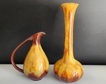 Jarrón y jarra esmaltados en marrón y dorado de Blue Mountain Pottery, fabricados en Canadá, decoración vintage para el hogar de los años 70
