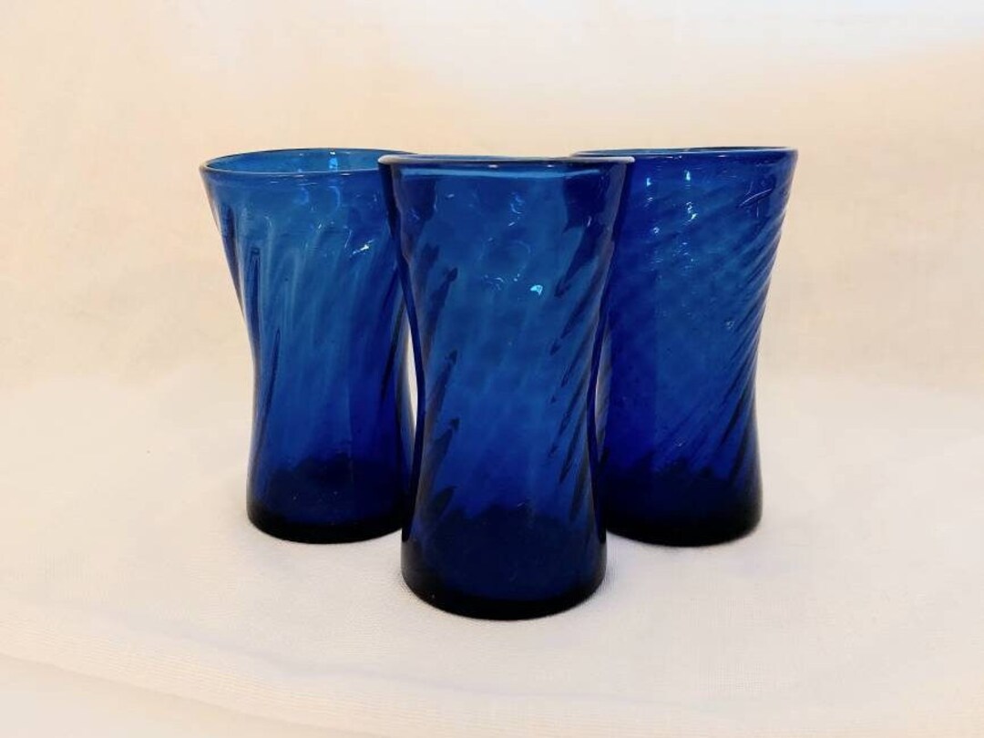Cobalt Blue Trio of Tumblers Vintage Dark Blue Drinkware Handblown