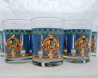 RARE Elephant Drinking Glasses Vintage  Libbey Circus Themed Tumblers with Blue Stripes Set of 7 MCM Rocks Glasses