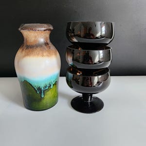 Vase and Glasses Sherbet Goblets Dark Brown Amber Champagne Coupes Gorham Barware Set of 3 and West German Scheurich Keramik Ceramic Vase