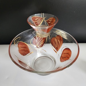 Chip and Dip Bowl Set Vintage Anchor Hocking Whitman 1960s Snack Dishes Brown Gold Leaf Design MCM Entertaining Partyware Serving Snacks