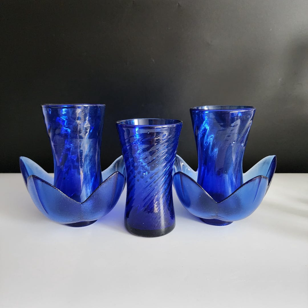 Lot De 4 Verres Vintage En Verre Soufflé à La Main - Bleu Cobalt - Marque De Pontil