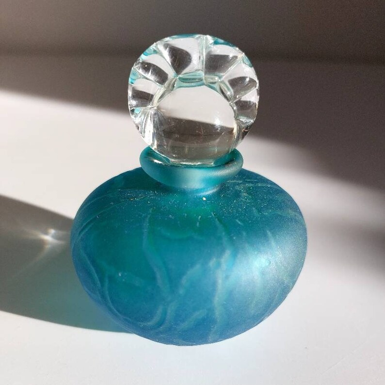 Frosted Blue Art Glass Perfume Bottle Signed Turquoise Vintage Vanity