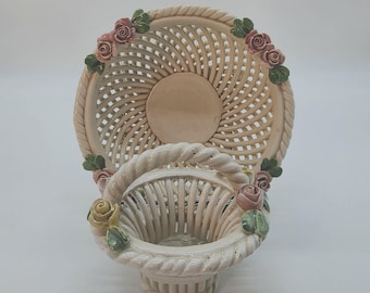 Cesta y cuenco de porcelana Capodimonte Flowers Cesta y cuenco de cuerda vintage Hecho en Italia Plato para baratijas