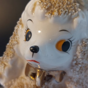 Spaghetti Poodle Figurine Vintage Porcelain Dog Anthropomorphic Canine with Gold Collar 1950s Lefton Poodle