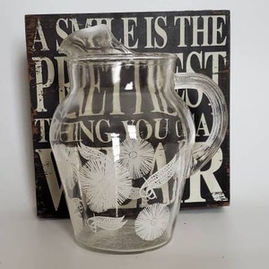 Clear with White Floral Juice Pitcher Glass Pitcher With Large Ice Lip 1950s Mid Century Water Jug Applied Ribbed Handle Lemonade Pitcher