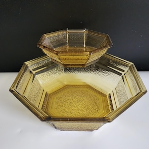 Amber Chip and Dip Bowl Set Vintage Anchor Hocking Pebbled Glass Octagon Shape MCM Glass Serving Bowls