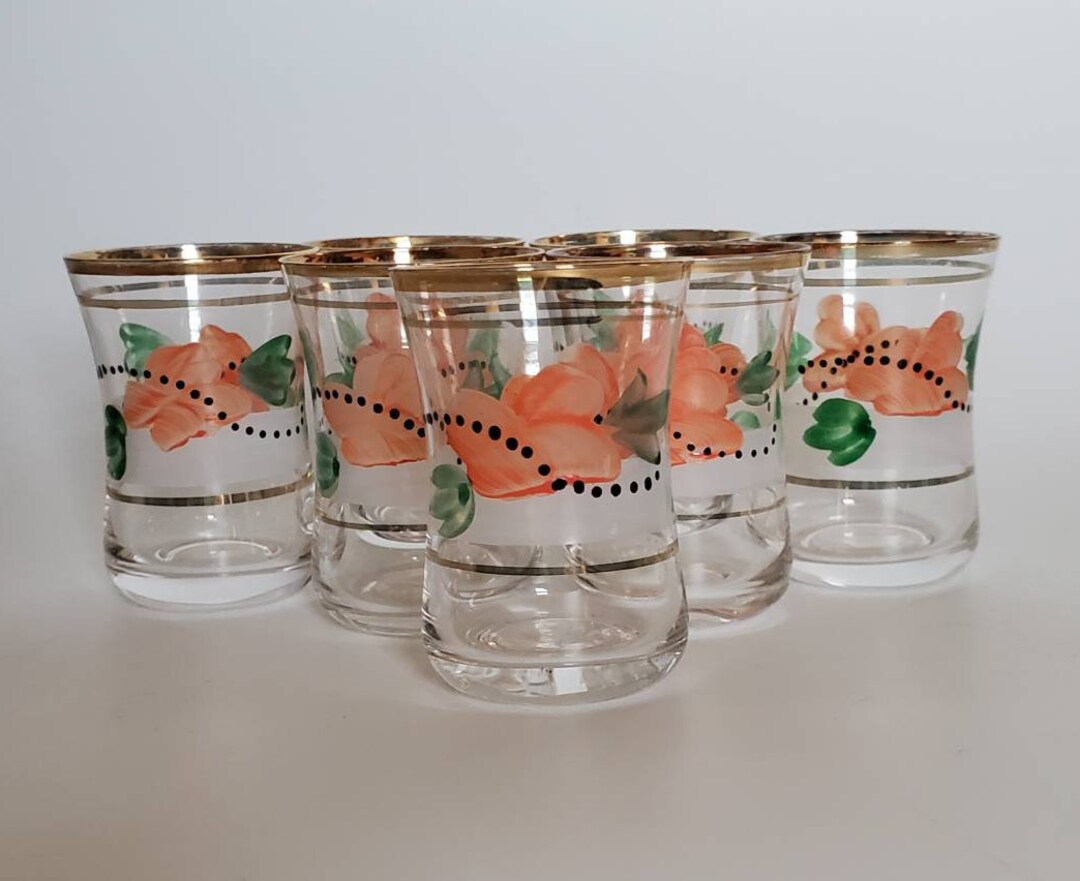 Hand Painted Shot Glass Set of 7 Gold Trim Peach Green Floral Design