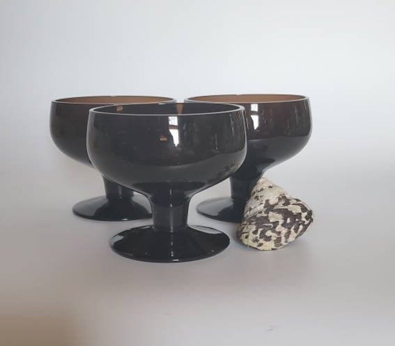 Mid Century Sherbet Goblet Dark Brown Set Of 3 Dark Amber Champagne Coupe Sherbet Glasses Gorham Style Barware