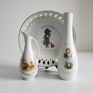 Holly Hobbie Collectible Decorative Reticulated Bowl Two Bud Vases Vintage 1970s Made in Japan
