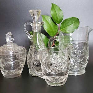 Anchor Hocking Star of David Pattern Vintage Glass Set of Cream Sugar Vinegar Pitcher