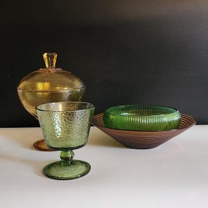 Decor Set of 4 / Amber Glass Covered Candy Dish and Yellow Ribbed Serving Bowl/Avocado Green Dimpled Goblet and  Bowl