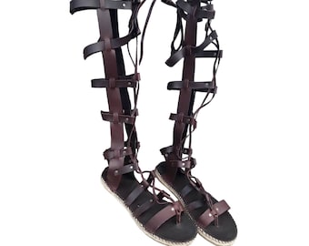 Roman espadrilles sandals flat sole. Leather gladiator sandals. Roman sandal with long straps. Knee-high strappy gladiator sandal