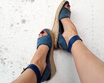 Blue leather espadrille sandal with wide ankle strap. Espadrille wedge sandal. Blue mid-wedge espadrille sandal. Espadrille wedge.