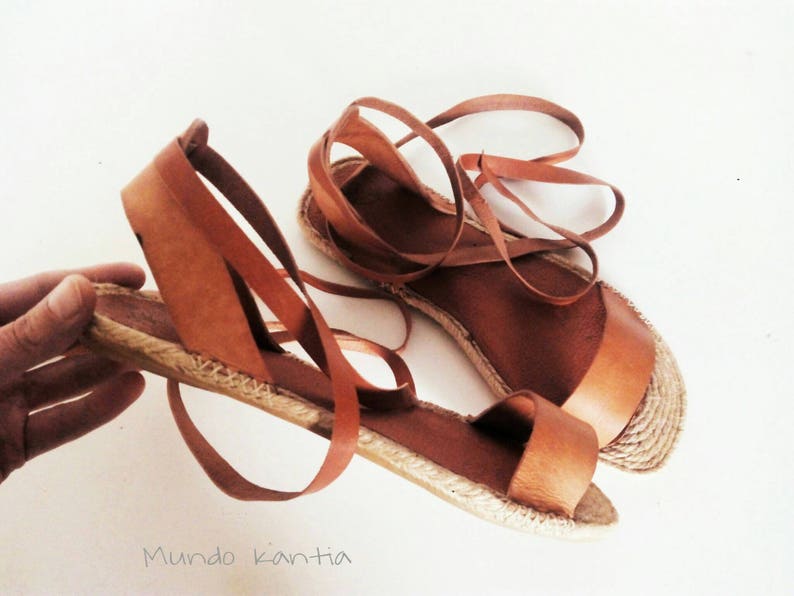 Espadrille flat skin Vegetable Tanning leather sandal Natural Jute Sole Flat Espadrille sandal Ankle-Strap Sandal