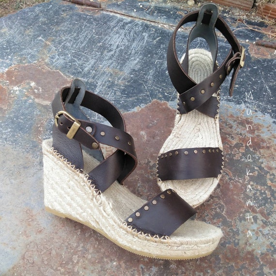 Espadrille flat skin Vegetable Tanning leather sandal Natural Jute Sole Flat Espadrille sandal Ankle-Strap Sandal