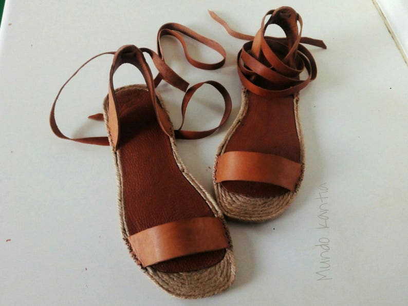Espadrille flat skin Vegetable Tanning leather sandal Natural Jute Sole Flat Espadrille sandal Ankle-Strap Sandal