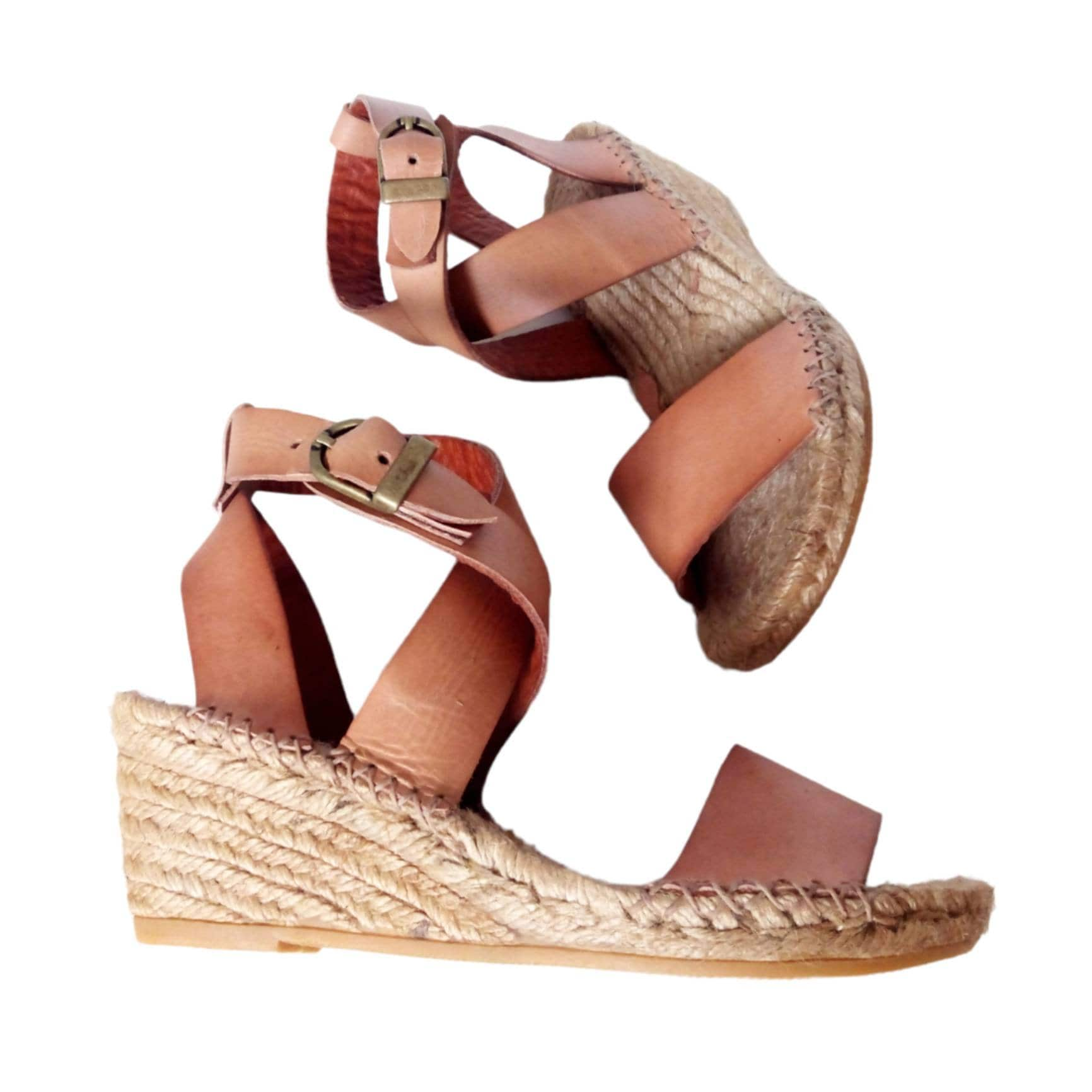 Sandalias yute natural. Cuñas cuero - Etsy España